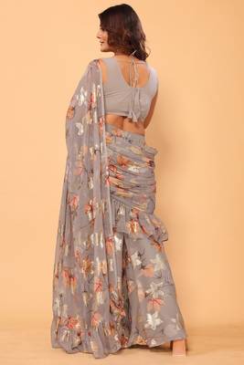 pre draped gorgeous designer jacquard printed ruffle palazzo saree with stitched heavy embroidery georgette blouse 4