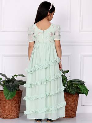 Ethnovog Ready To Wear Kids Girls Green Georgette Embroidered Ruffle Maxi Dress 2