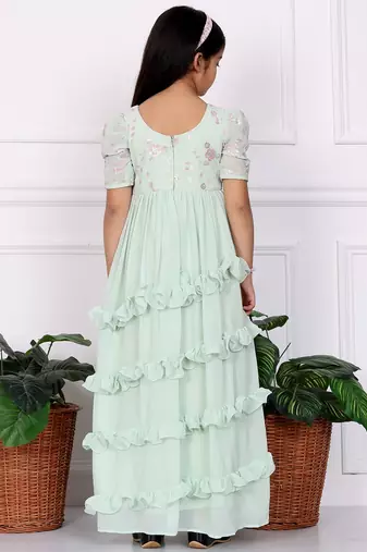 Ethnovog Ready To Wear Kids Girls Green Georgette Embroidered Ruffle Maxi Dress