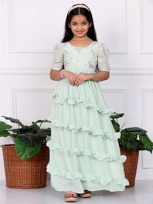 Ethnovog Ready To Wear Kids Girls Green Georgette Embroidered Ruffle Maxi Dress 1