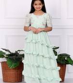 Ethnovog Ready To Wear Kids Girls Green Georgette Embroidered Ruffle Maxi Dress