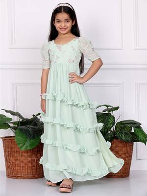 Ethnovog Ready To Wear Kids Girls Green Georgette Embroidered Ruffle Maxi Dress 3