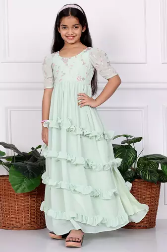 Ethnovog Ready To Wear Kids Girls Green Georgette Embroidered Ruffle Maxi Dress