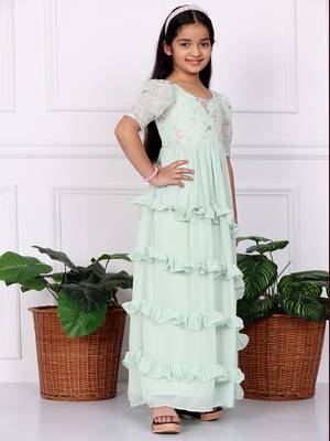 Ethnovog Ready To Wear Kids Girls Green Georgette Embroidered Ruffle Maxi Dress 4
