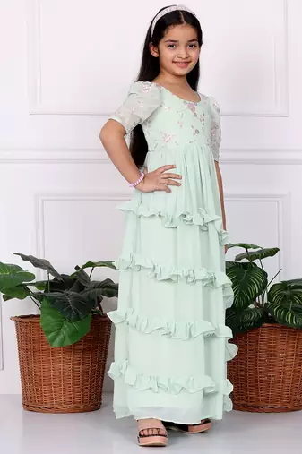 Ethnovog Ready To Wear Kids Girls Green Georgette Embroidered Ruffle Maxi Dress