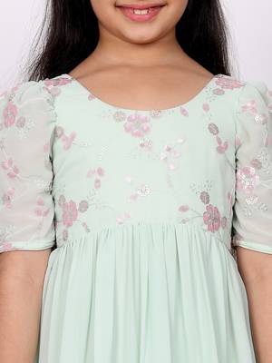 Ethnovog Ready To Wear Kids Girls Green Georgette Embroidered Ruffle Maxi Dress 5