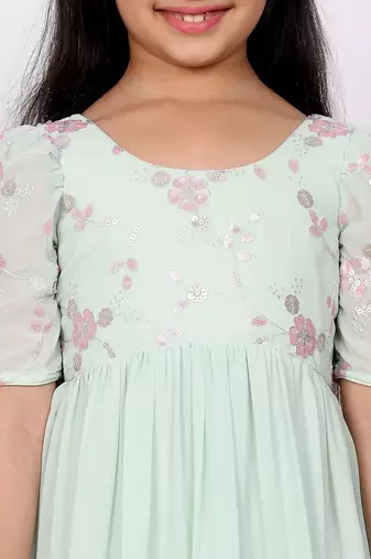 Ethnovog Ready To Wear Kids Girls Green Georgette Embroidered Ruffle Maxi Dress