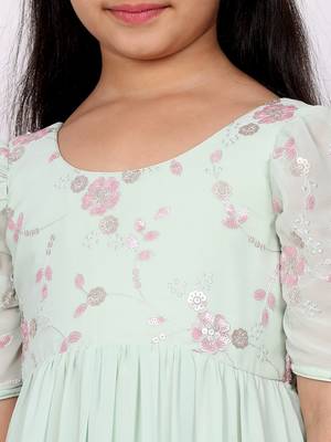 Ethnovog Ready To Wear Kids Girls Green Georgette Embroidered Ruffle Maxi Dress 6