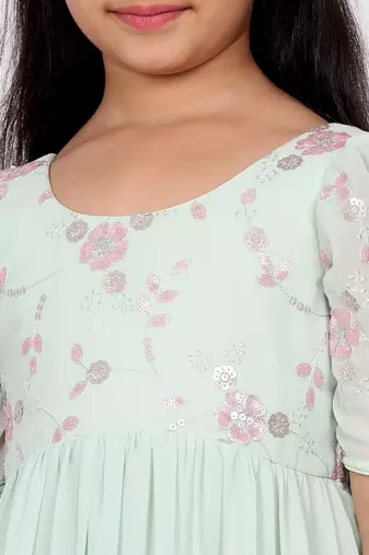 Ethnovog Ready To Wear Kids Girls Green Georgette Embroidered Ruffle Maxi Dress