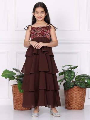 Ethnovog Ready To Wear Kids Girls Multicolored Art Silk Printed N Brown Layered Dress 1