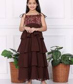 Ethnovog Ready To Wear Kids Girls Multicolored Art Silk Printed N Brown Layered Dress