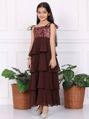Ethnovog Ready To Wear Kids Girls Multicolored Art Silk Printed N Brown Layered Dress 2