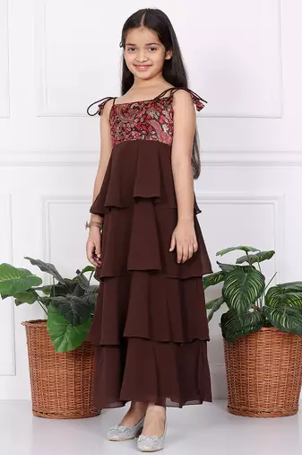 Ethnovog Ready To Wear Kids Girls Multicolored Art Silk Printed N Brown Layered Dress