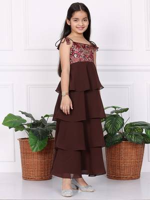 Ethnovog Ready To Wear Kids Girls Multicolored Art Silk Printed N Brown Layered Dress 3