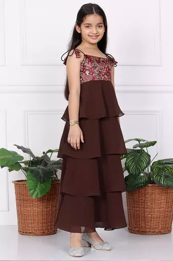Ethnovog Ready To Wear Kids Girls Multicolored Art Silk Printed N Brown Layered Dress