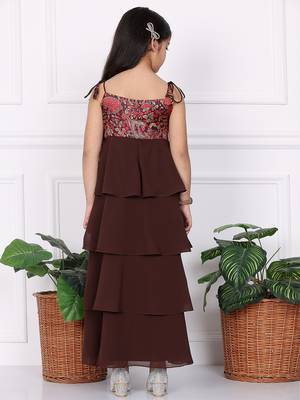 Ethnovog Ready To Wear Kids Girls Multicolored Art Silk Printed N Brown Layered Dress 5