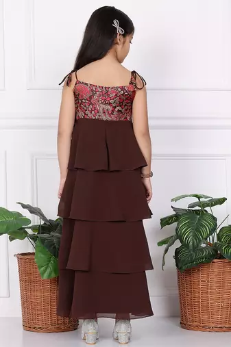 Ethnovog Ready To Wear Kids Girls Multicolored Art Silk Printed N Brown Layered Dress