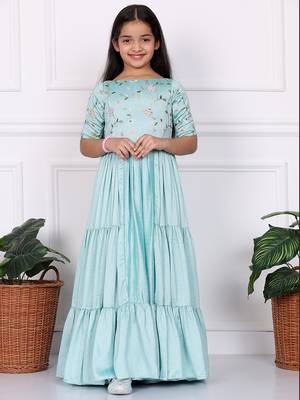 Ethnovog Ready To Wear Kids Girls Blue Embroidered Art Silk Tiered Gown 1