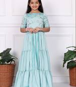 Ethnovog Ready To Wear Kids Girls Blue Embroidered Art Silk Tiered Gown