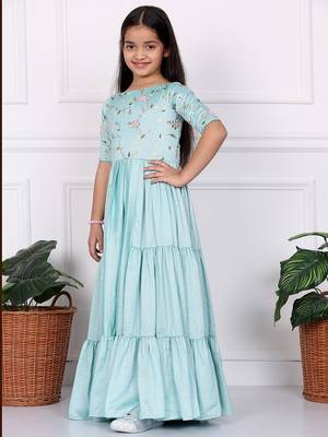 Ethnovog Ready To Wear Kids Girls Blue Embroidered Art Silk Tiered Gown 2