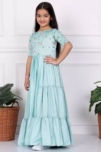 Ethnovog Ready To Wear Kids Girls Blue Embroidered Art Silk Tiered Gown