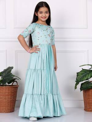 Ethnovog Ready To Wear Kids Girls Blue Embroidered Art Silk Tiered Gown 3