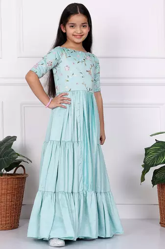 Ethnovog Ready To Wear Kids Girls Blue Embroidered Art Silk Tiered Gown