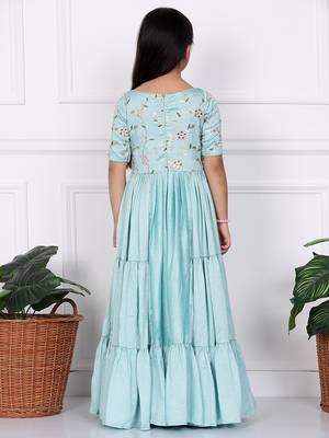 Ethnovog Ready To Wear Kids Girls Blue Embroidered Art Silk Tiered Gown 4