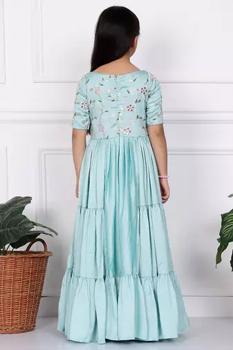 Ethnovog Ready To Wear Kids Girls Blue Embroidered Art Silk Tiered Gown