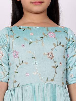 Ethnovog Ready To Wear Kids Girls Blue Embroidered Art Silk Tiered Gown 5