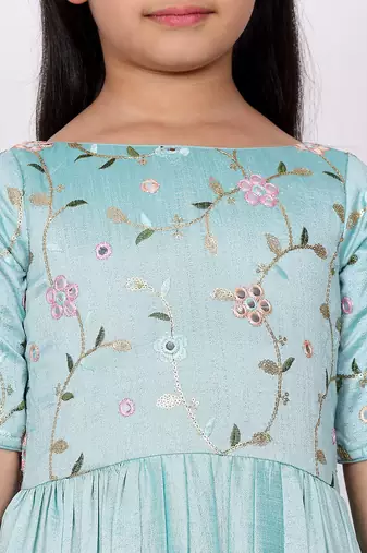 Ethnovog Ready To Wear Kids Girls Blue Embroidered Art Silk Tiered Gown