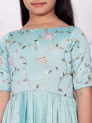 Ethnovog Ready To Wear Kids Girls Blue Embroidered Art Silk Tiered Gown 6