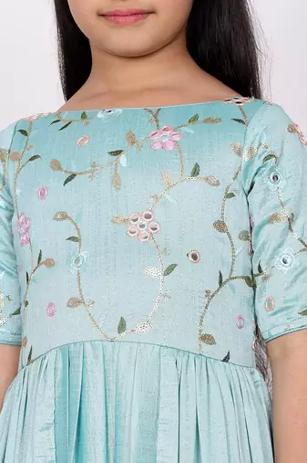 Ethnovog Ready To Wear Kids Girls Blue Embroidered Art Silk Tiered Gown