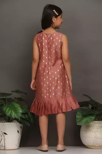 Ethnovog Ready To Wear Kids Girls Kid Girls Peach Art Silk Foil Print Dress