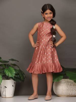 Ethnovog Ready To Wear Kids Girls Kid Girls Peach Art Silk Foil Print Dress 3