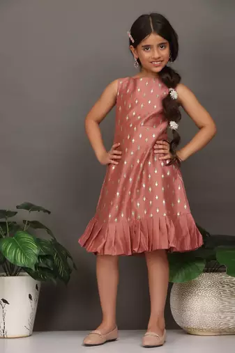 Ethnovog Ready To Wear Kids Girls Kid Girls Peach Art Silk Foil Print Dress