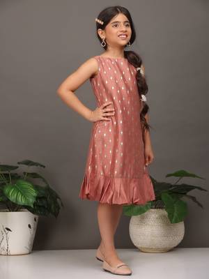 Ethnovog Ready To Wear Kids Girls Kid Girls Peach Art Silk Foil Print Dress 4