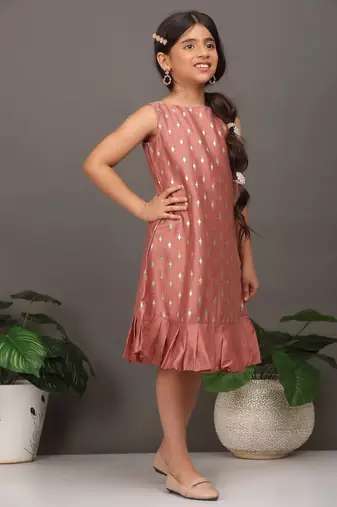 Ethnovog Ready To Wear Kids Girls Kid Girls Peach Art Silk Foil Print Dress
