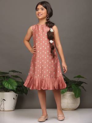 Ethnovog Ready To Wear Kids Girls Kid Girls Peach Art Silk Foil Print Dress 1