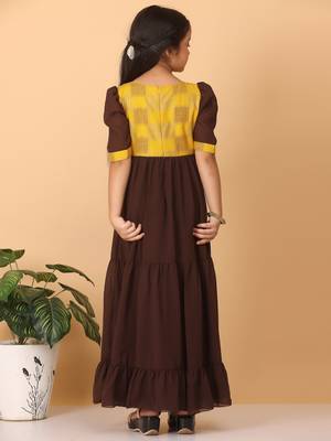 Ethnovog Ready To Wear Kids Girls Yellow Rayon N Brown Georgette Gathers Dress 2