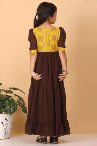 Ethnovog Ready To Wear Kids Girls Yellow Rayon N Brown Georgette Gathers Dress
