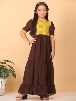 Ethnovog Ready To Wear Kids Girls Yellow Rayon N Brown Georgette Gathers Dress 3