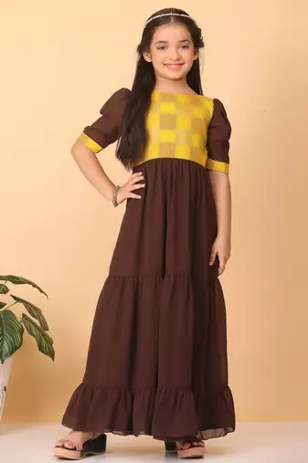 Ethnovog Ready To Wear Kids Girls Yellow Rayon N Brown Georgette Gathers Dress