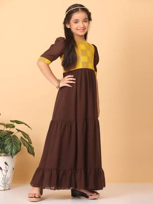 Ethnovog Ready To Wear Kids Girls Yellow Rayon N Brown Georgette Gathers Dress 4
