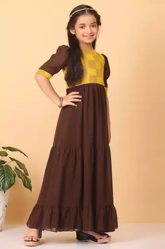 Ethnovog Ready To Wear Kids Girls Yellow Rayon N Brown Georgette Gathers Dress