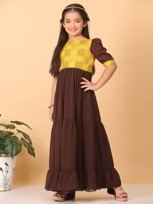 Ethnovog Ready To Wear Kids Girls Yellow Rayon N Brown Georgette Gathers Dress 5