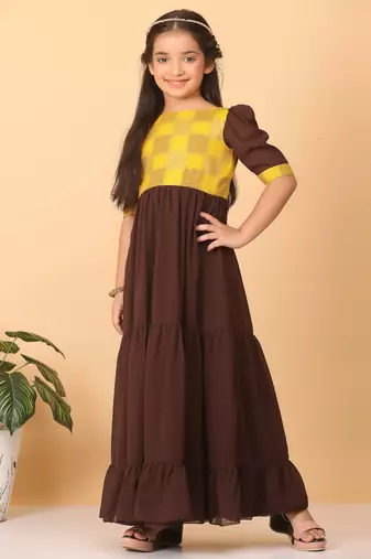 Ethnovog Ready To Wear Kids Girls Yellow Rayon N Brown Georgette Gathers Dress