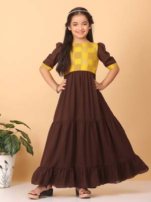 Ethnovog Ready To Wear Kids Girls Yellow Rayon N Brown Georgette Gathers Dress 1