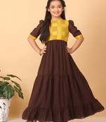 Ethnovog Ready To Wear Kids Girls Yellow Rayon N Brown Georgette Gathers Dress