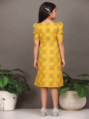 Ethnovog Ready To Wear Kids Girls Mustard Rayon Printed A-Line Dress 2